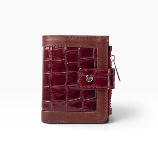 Cartera mosvartimx modelo Bolivia para dama en piel bovina roja con grabado de cocodrilo y cierre de broche