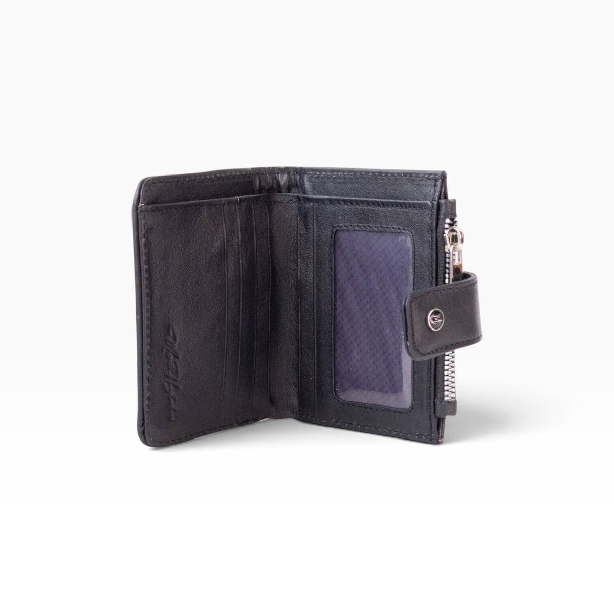 Cartera para dama mosvartimx modelo Bolivia abierta mostrando tarjeteros, ventana para identificación y cierre interno