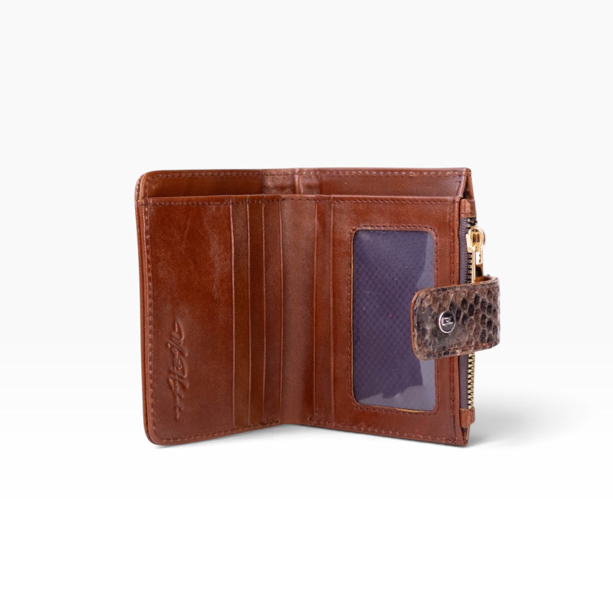 Cartera para dama mosvartimx modelo Bolivia en piel bovina café con detalle de pitón y broche de seguridad