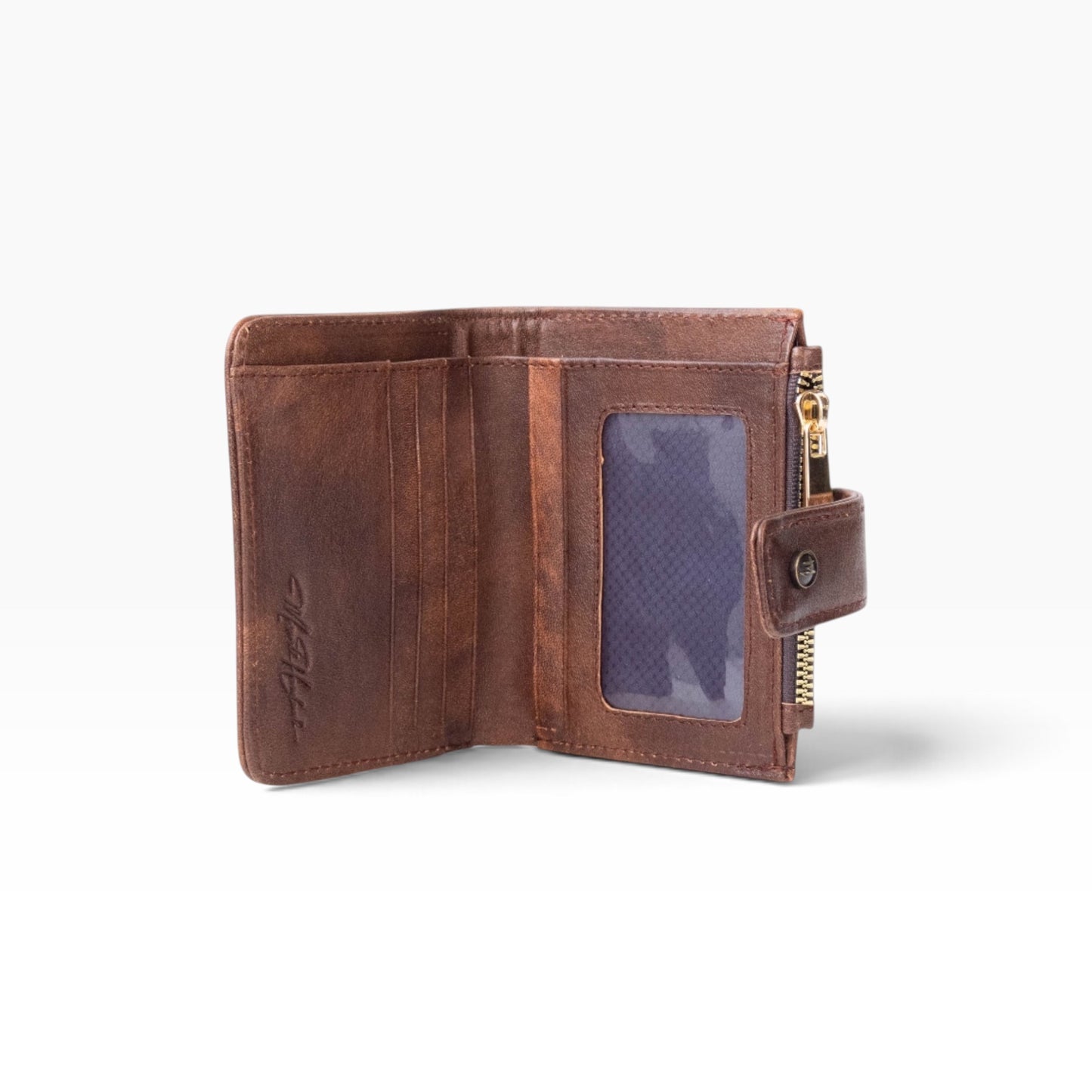 Cartera para dama mosvartimx modelo Bolivia en piel bovina color café con tarjetero y ventana para identificación