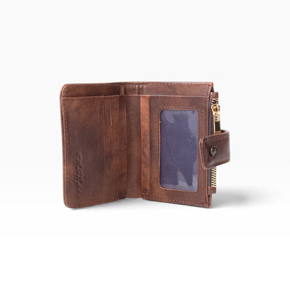 Cartera para dama mosvartimx modelo Bolivia en piel bovina color café con tarjetero y ventana para identificación