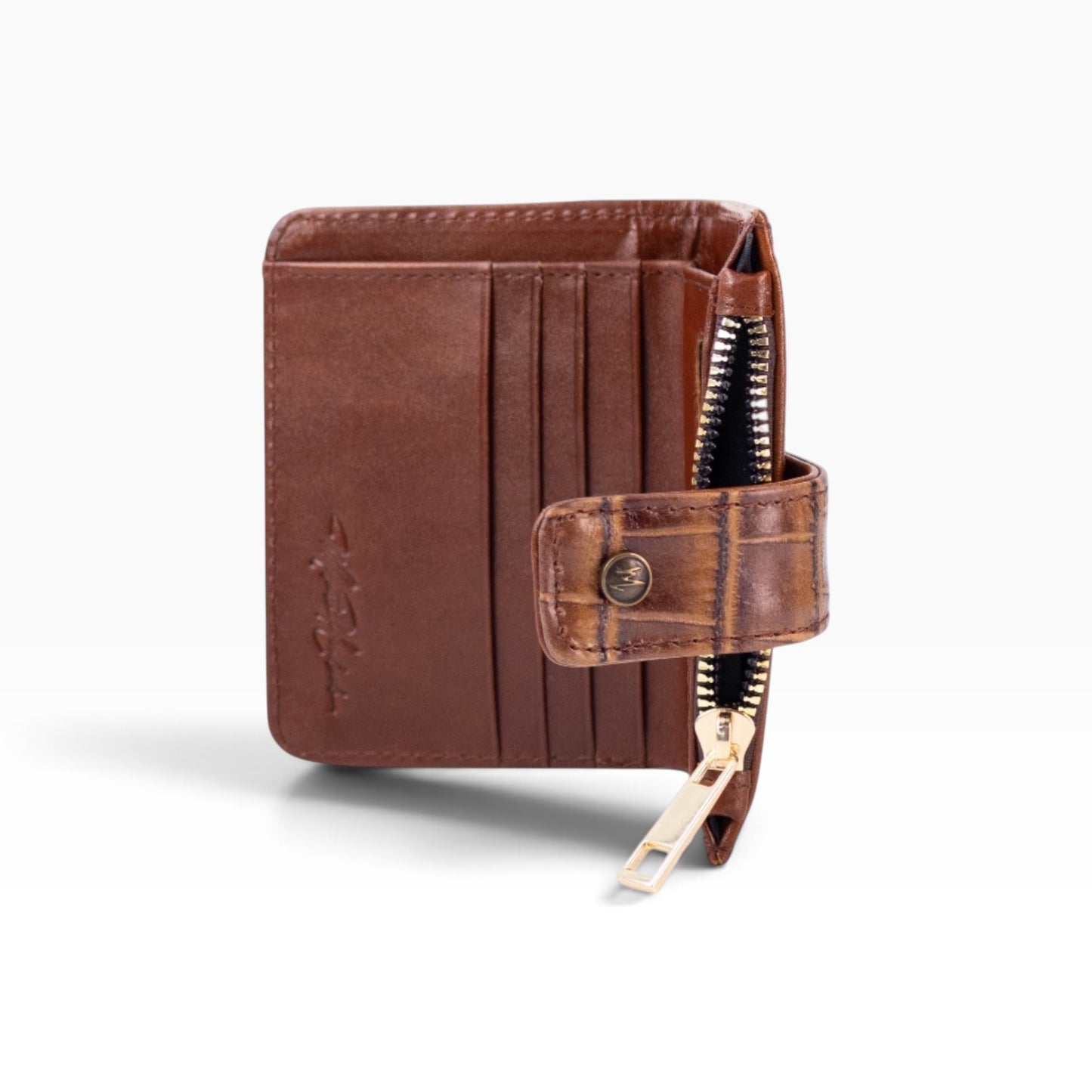 Cartera para dama mosvartimx modelo Bolivia de piel bovina color café con grabado tipo cocodrilo y broche de seguridad