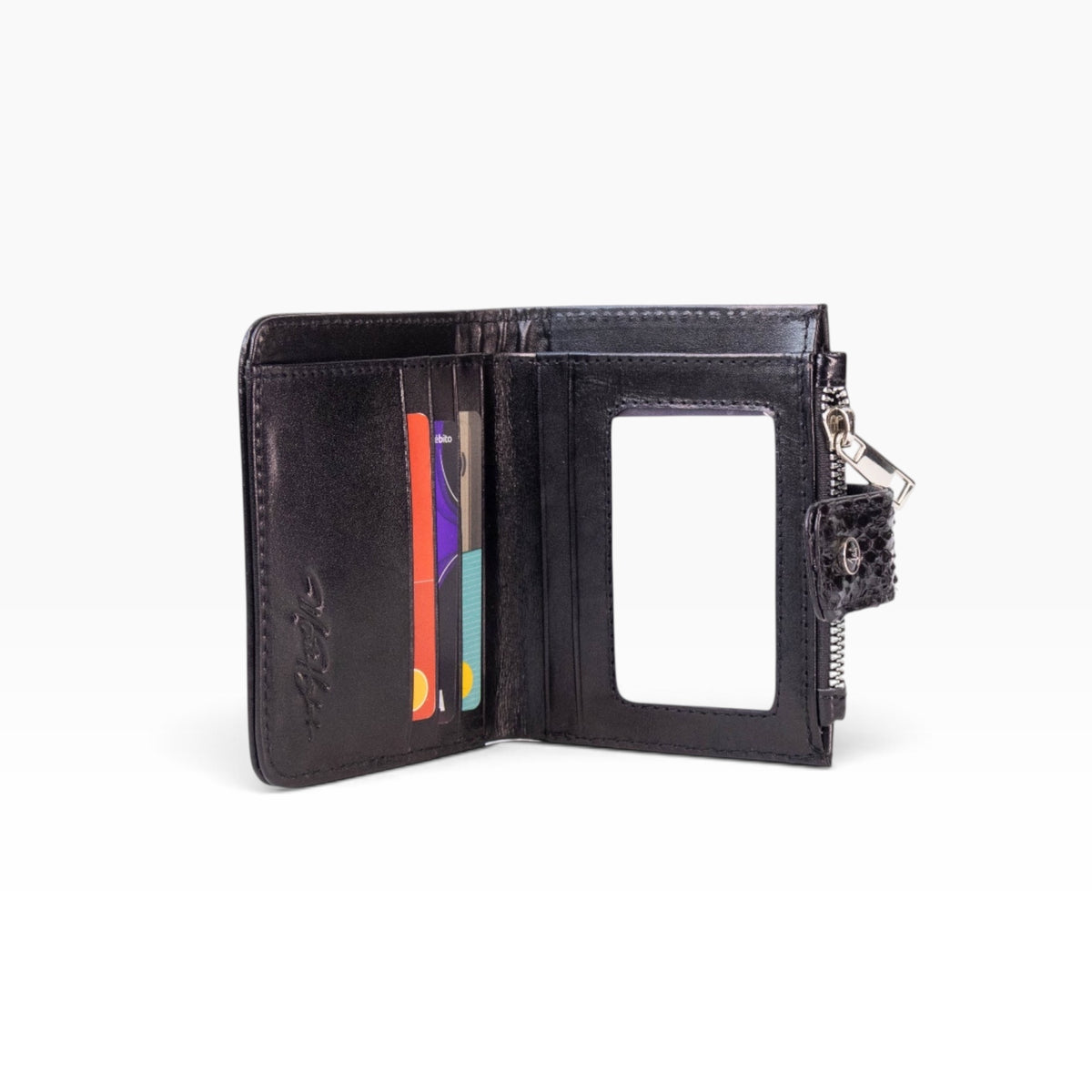 Cartera para dama mosvartimx modelo Bolivia en piel negra con tarjetero, monedero y ventana para identificación
