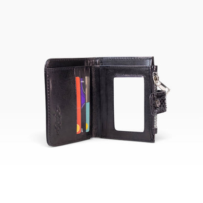 Cartera para dama mosvartimx modelo Bolivia en piel negra con tarjetero, monedero y ventana para identificación