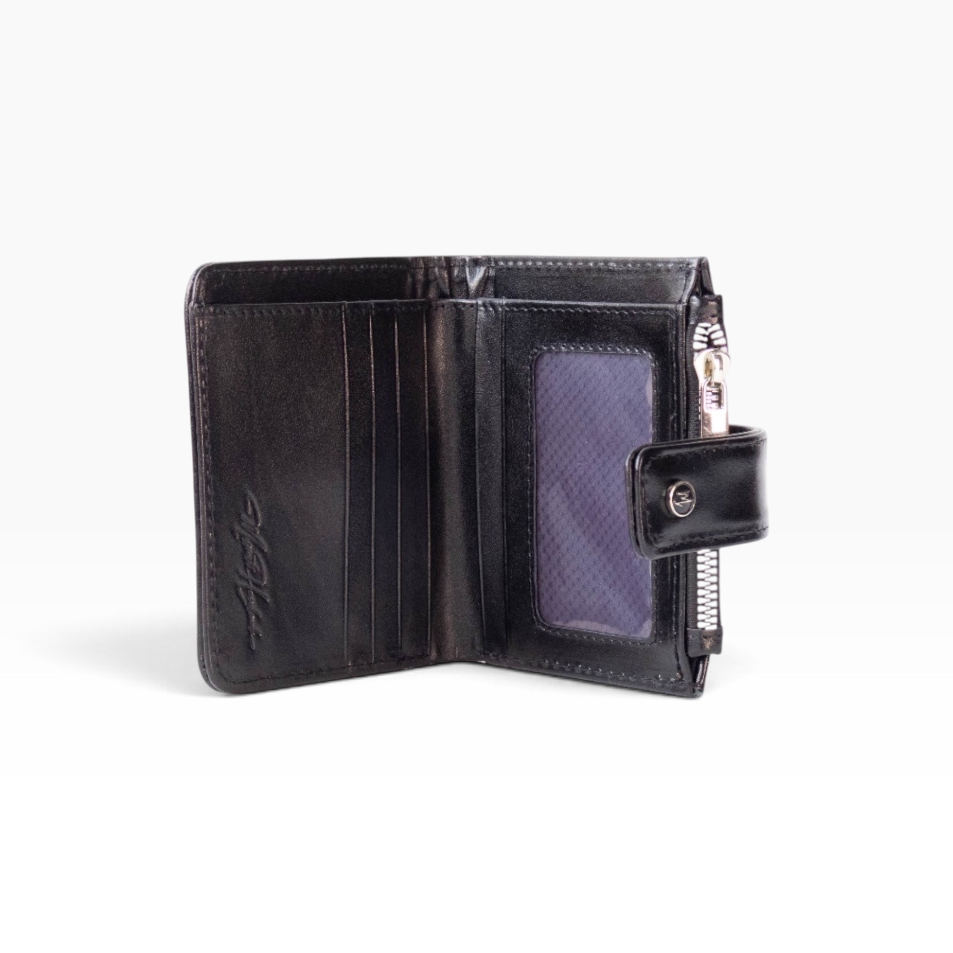 Cartera para dama mosvartimx modelo Bolivia en piel negra con tarjetero, ventana para identificación y cierre lateral
