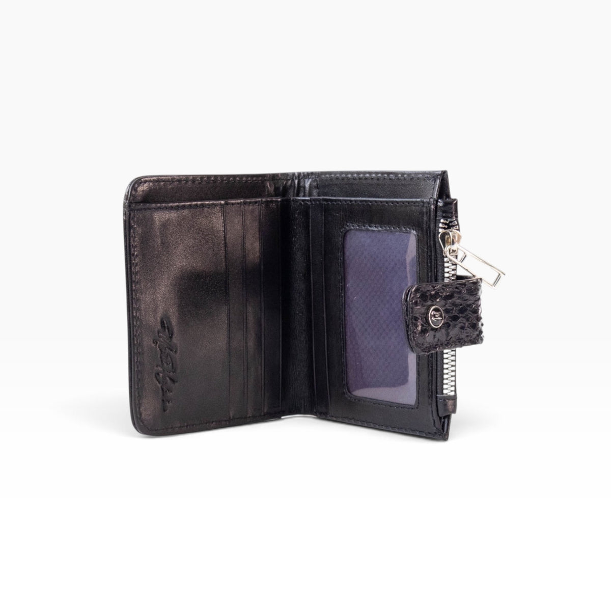 Cartera de dama mosvartimx modelo Bolivia en piel negra con tarjetero, monedero y ventana para identificación.