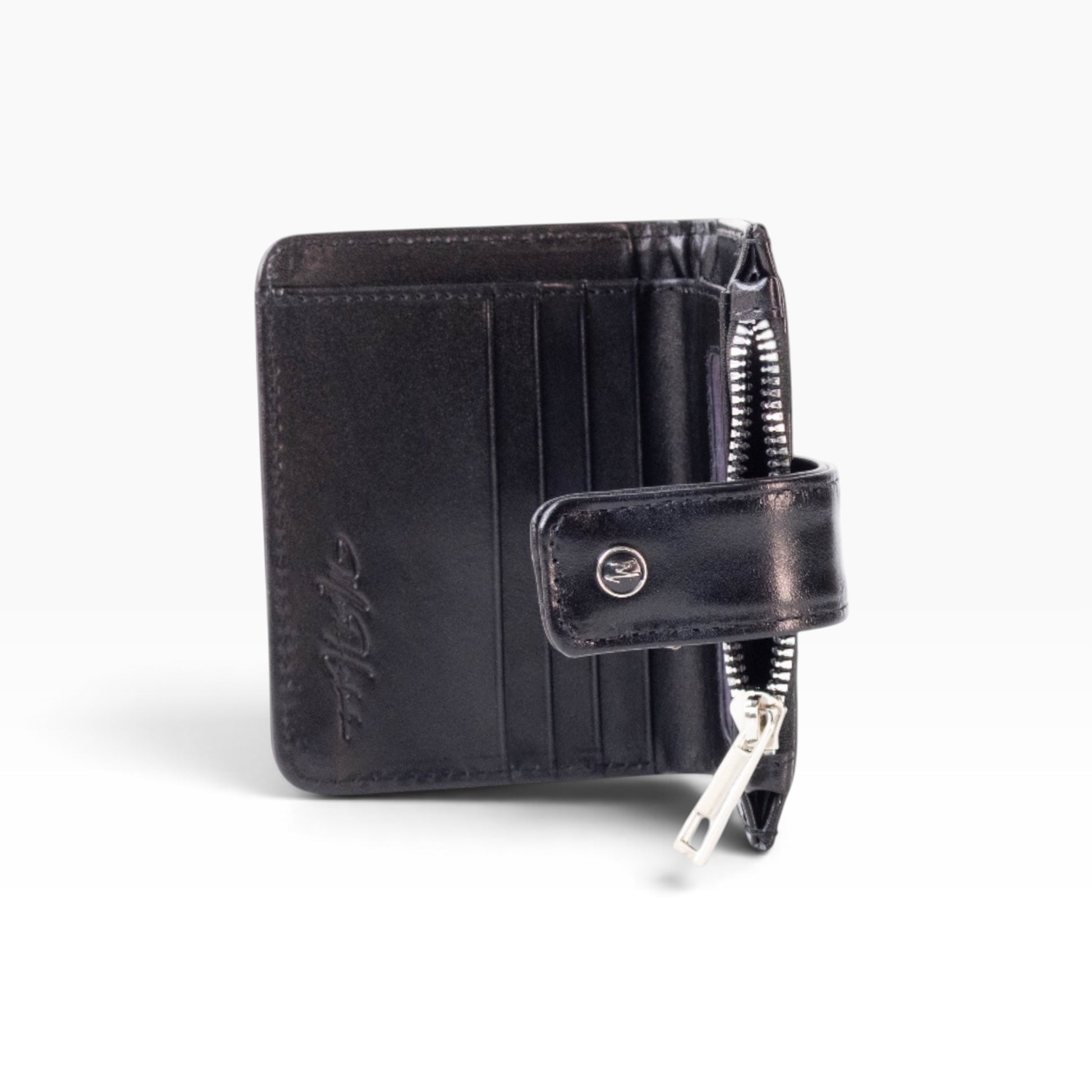 Cartera mosvartimx modelo Bolivia para dama en piel negra con tarjetero, cierre metálico y broche de seguridad