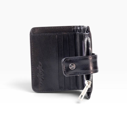 Cartera mosvartimx modelo Bolivia para dama en piel negra con tarjetero, cierre metálico y broche de seguridad