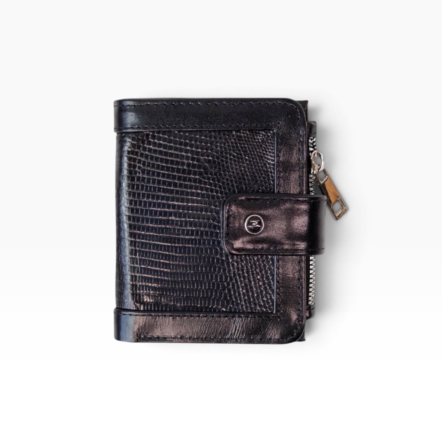 Cartera mosvartimx modelo Bolivia para dama en piel negra con textura exótica y cierre de broche metálico