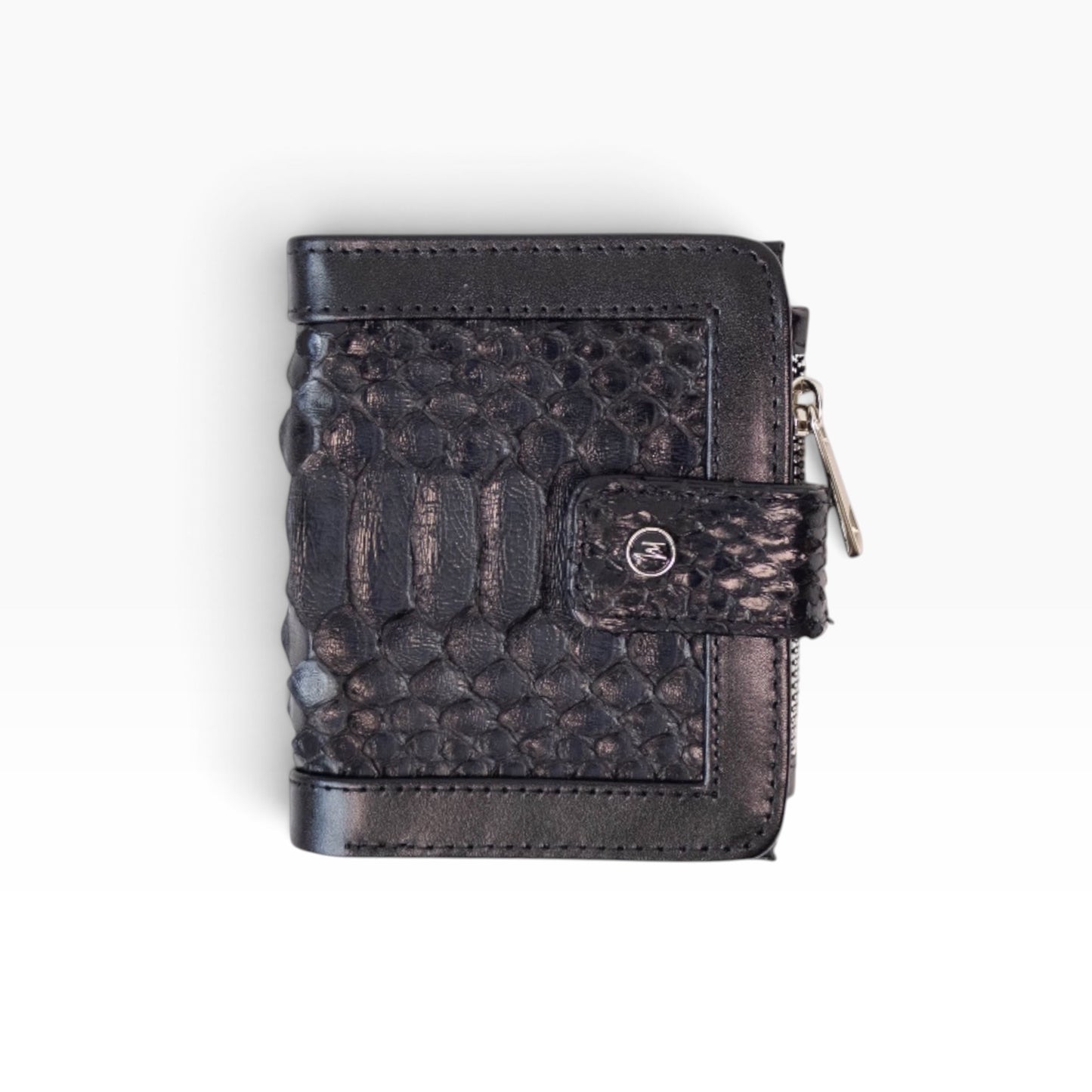 Cartera para dama mosvartimx modelo Bolivia en piel bovina negra con aplicación de pitón y cierre de broche