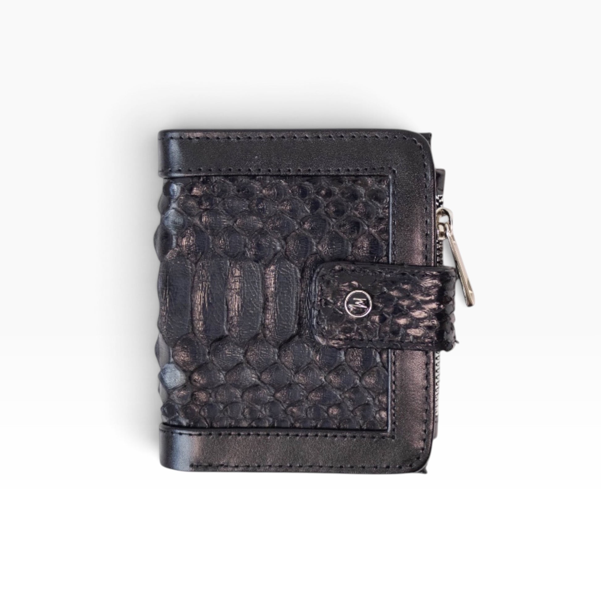 Cartera para dama mosvartimx modelo Bolivia en piel bovina negra con aplicación de pitón y cierre de broche