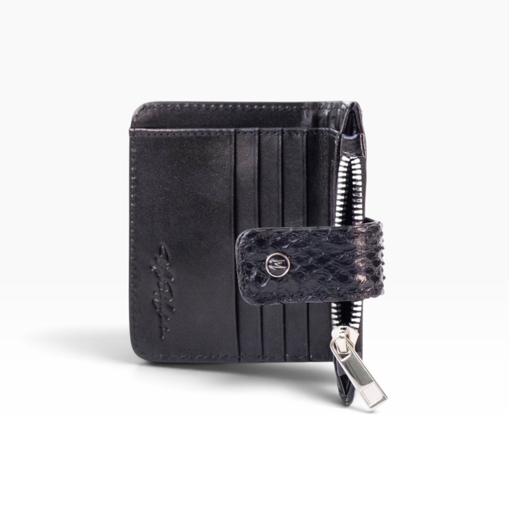 Cartera para dama mosvartimx modelo Bolivia en piel bovina negra con detalle de pitón y cierre metálico