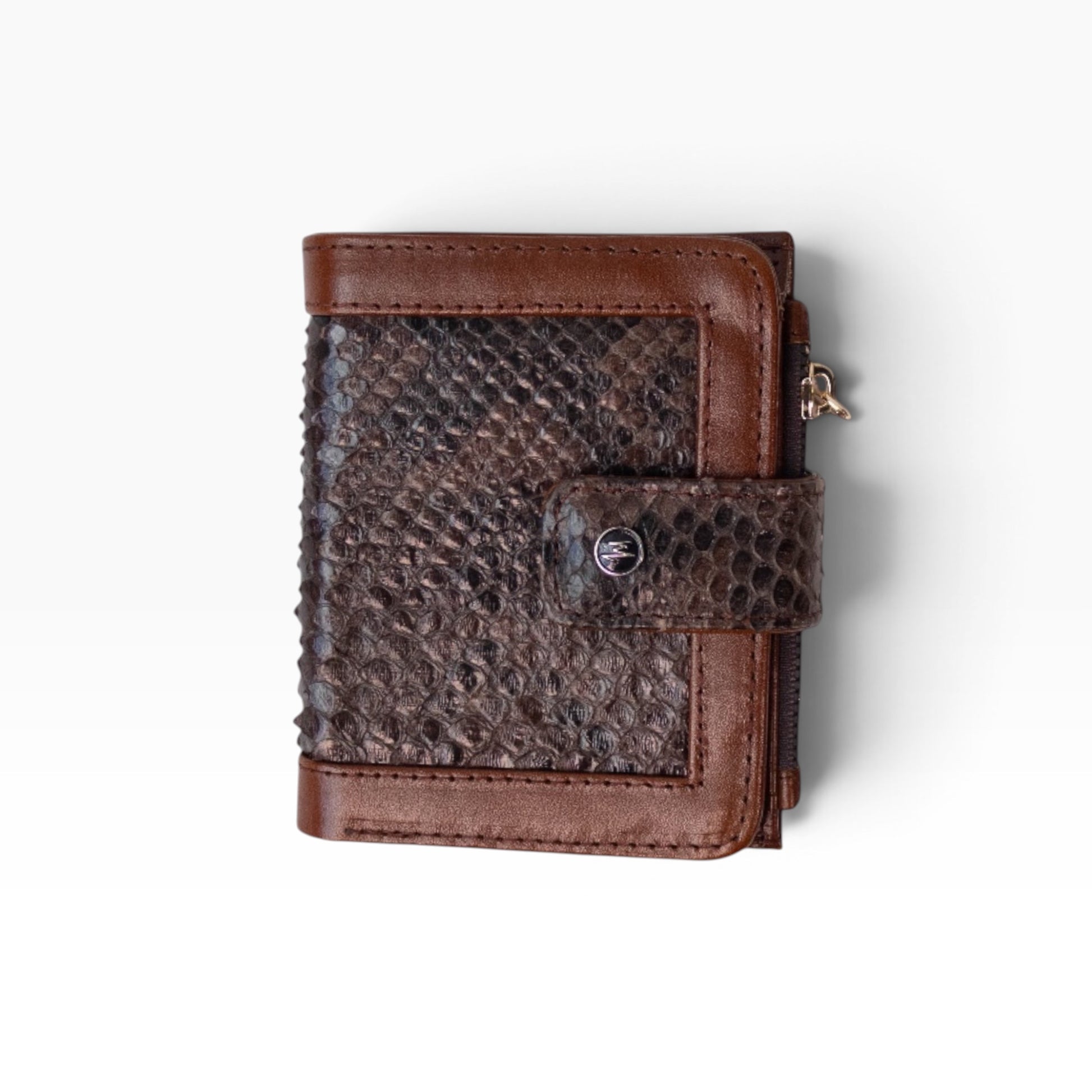 Cartera mosvartimx modelo Bolivia para dama en piel bovina cafe con aplicacion de piel de piton bitono y broche