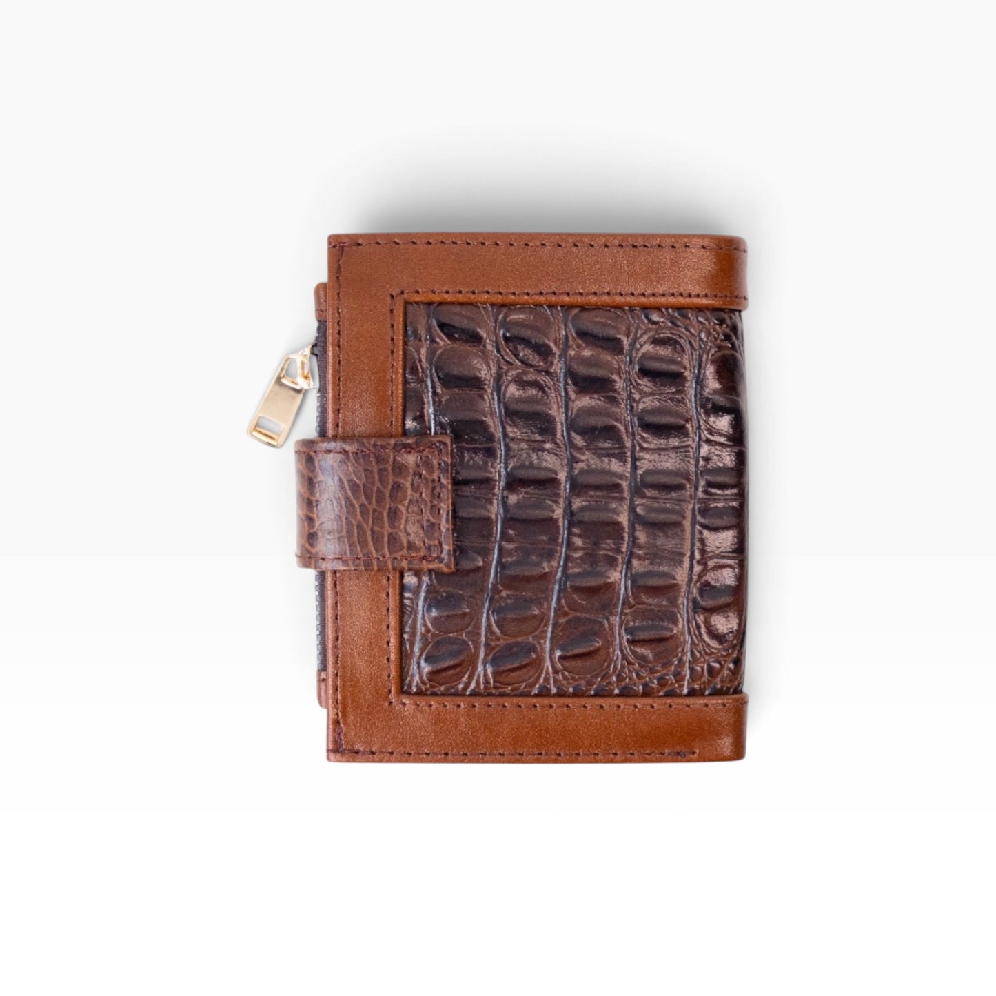 Cartera mosvartimx modelo Bolivia de piel bovina color café con detalle de textura exótica y broche de seguridad