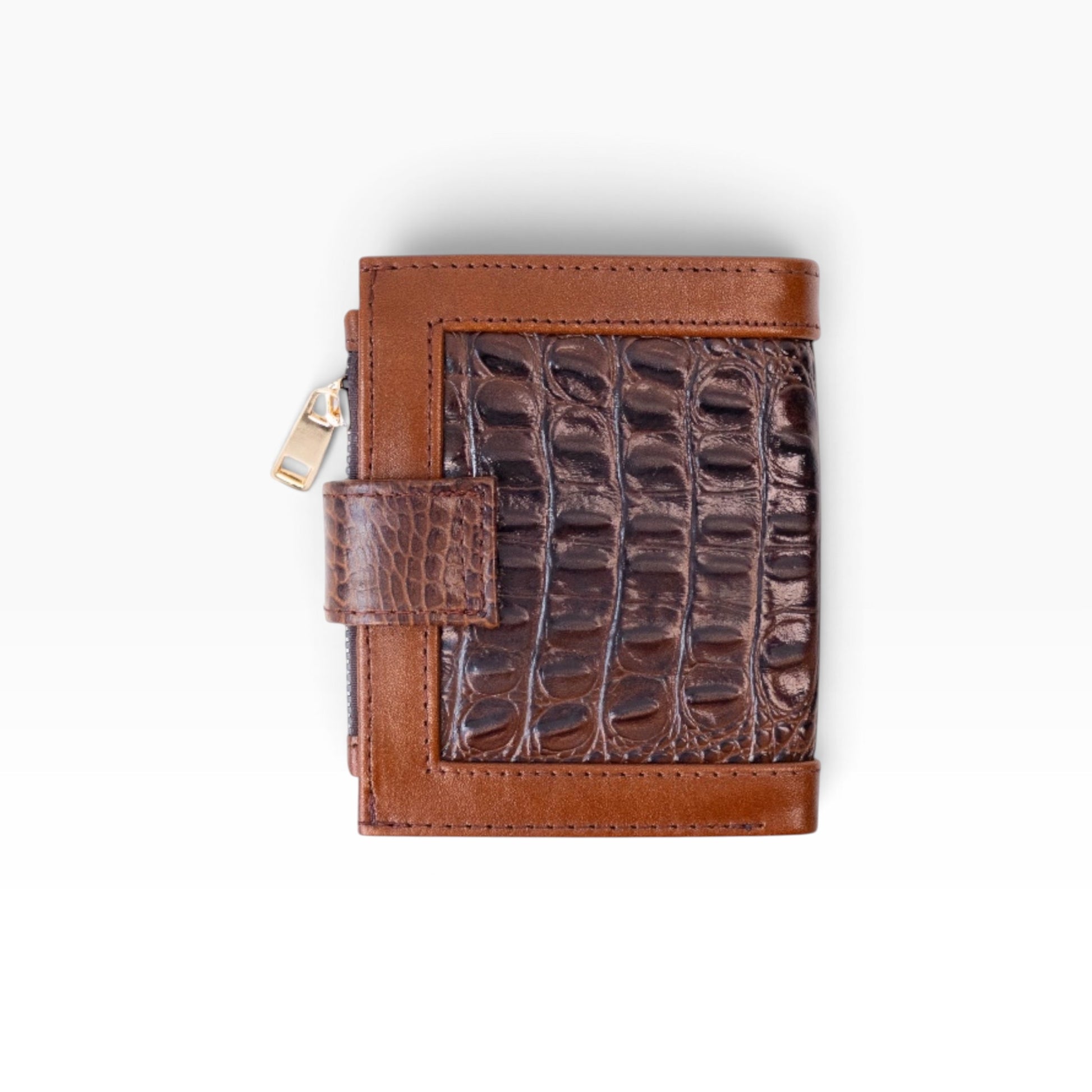 Cartera mosvartimx modelo Bolivia de piel bovina color café con detalle de textura exótica y broche de seguridad