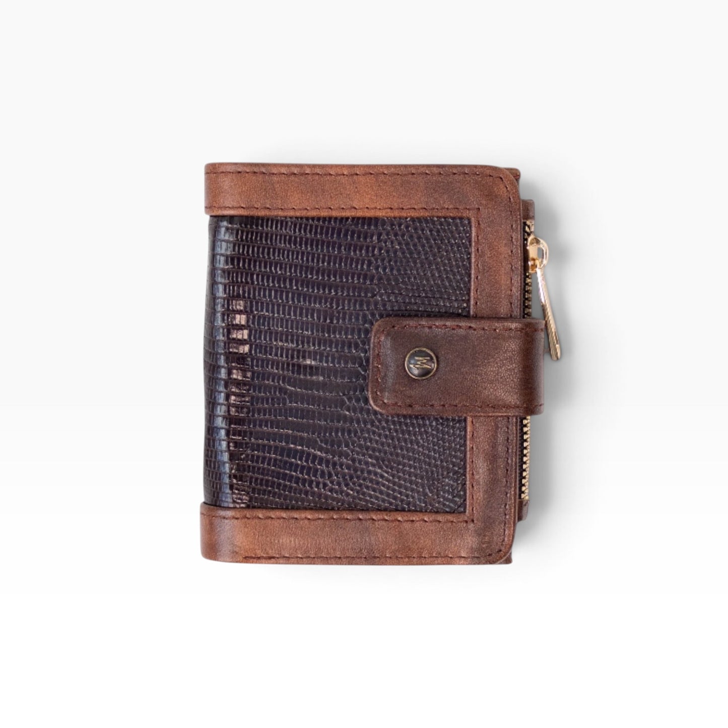 Cartera mosvartimx modelo Bolivia para dama en piel bovina café con textura exótica y cierre de broche metálico