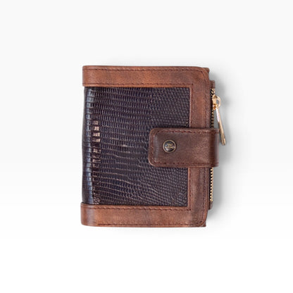 Cartera mosvartimx modelo Bolivia para dama en piel bovina café con textura exótica y cierre de broche metálico