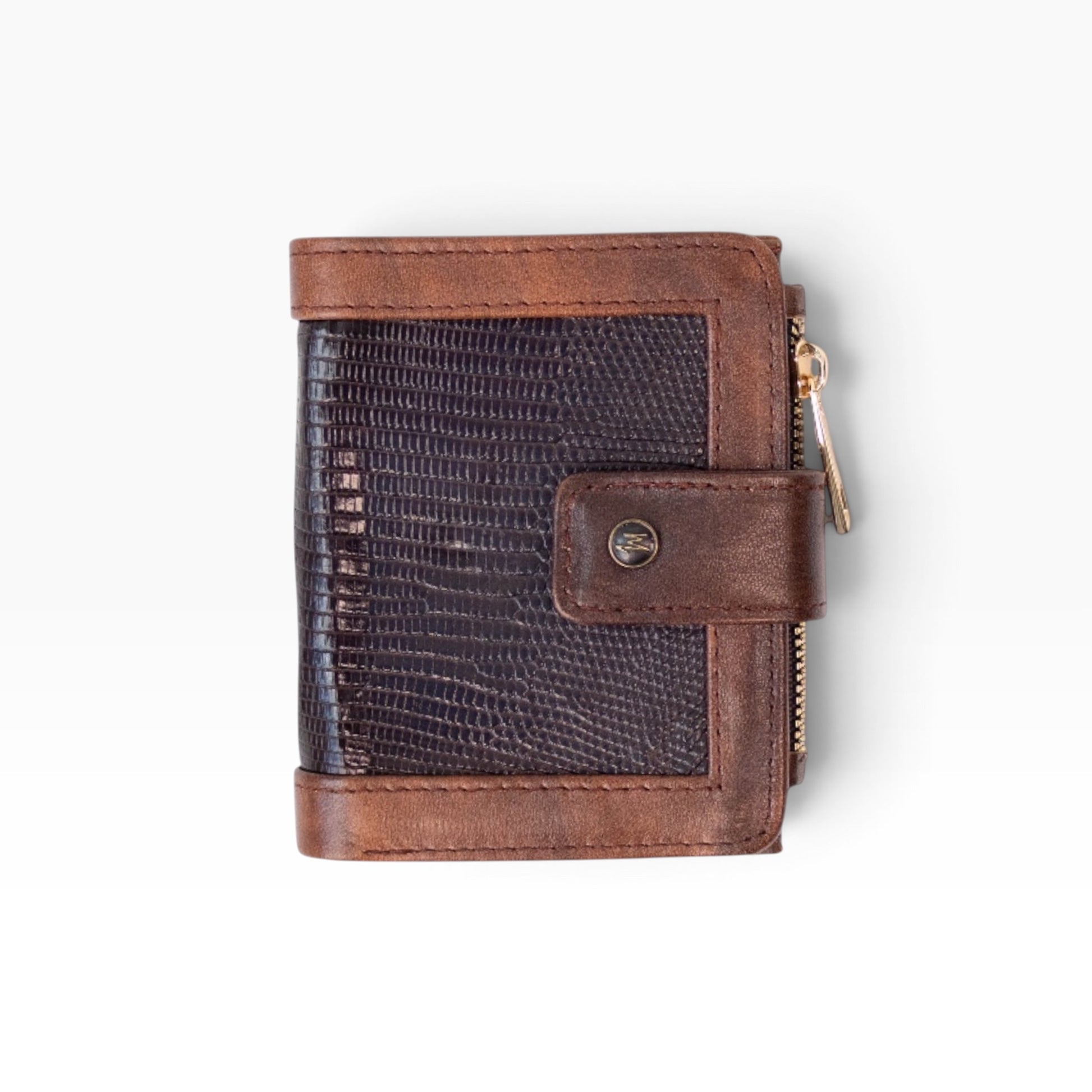Cartera mosvartimx modelo Bolivia de piel bovina café con detalle exótico y broche de seguridad
