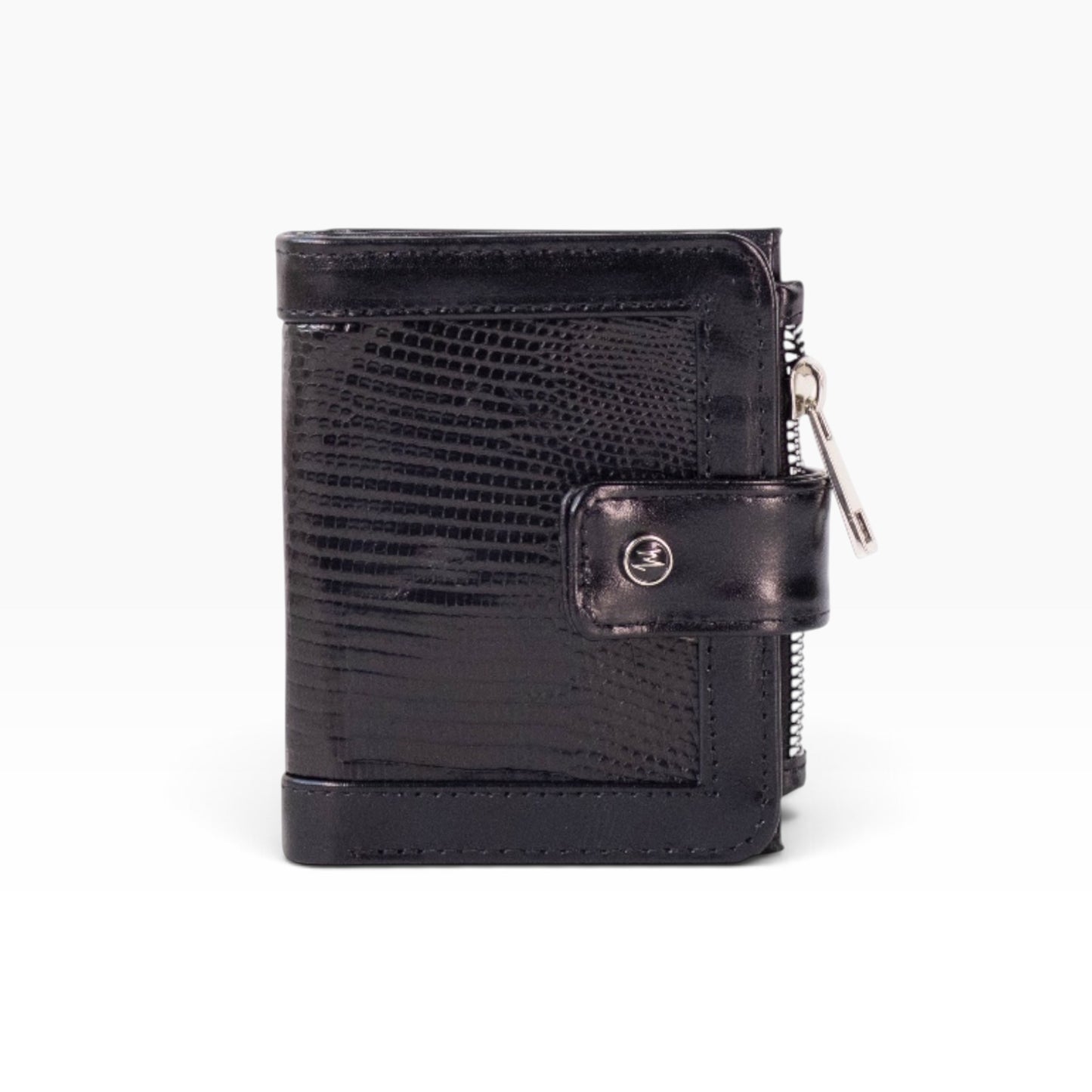 Cartera mosvartimx modelo Bolivia para dama en piel negra con textura exótica y cierre de broche metálico