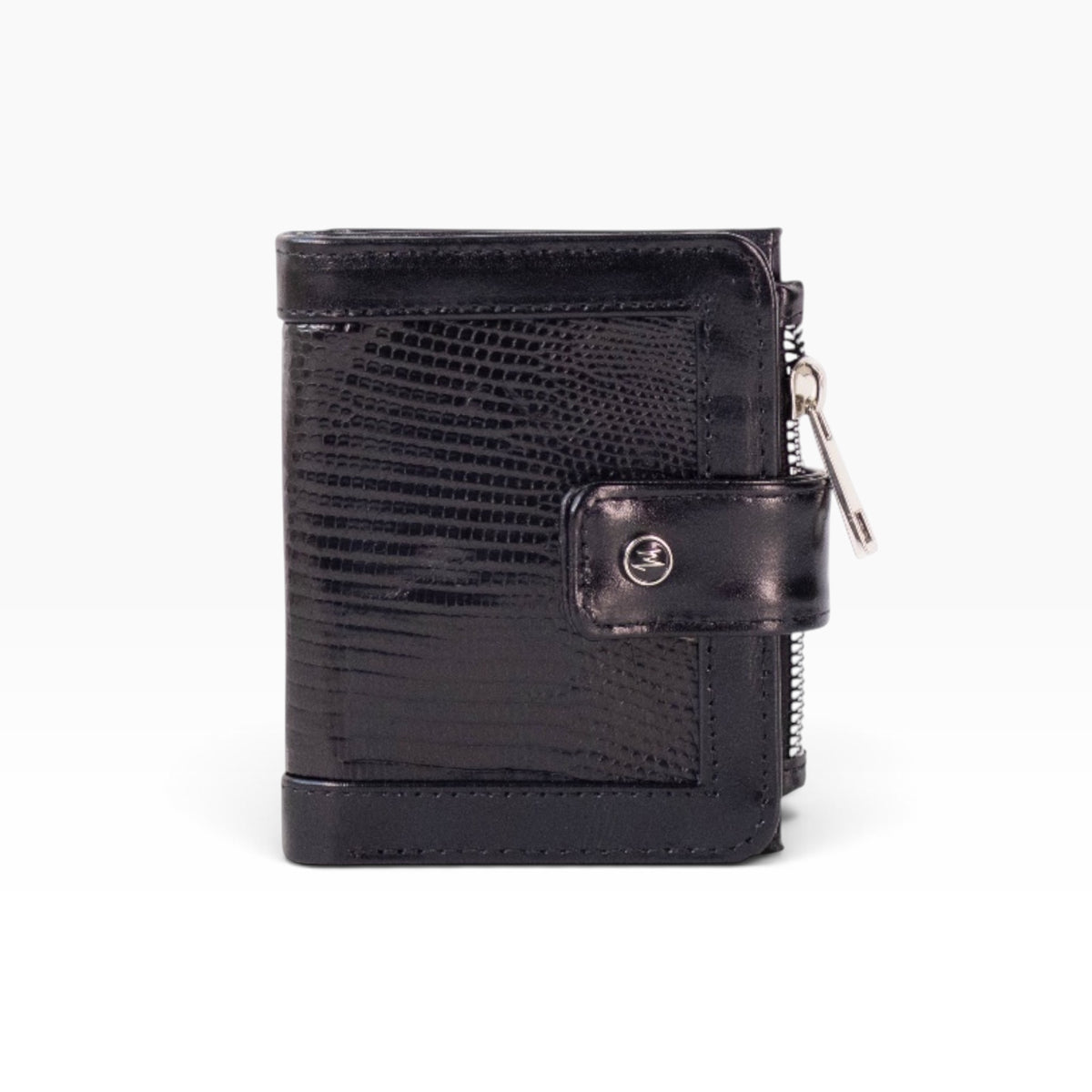 Cartera mosvartimx modelo Bolivia para dama en piel negra con textura exótica y cierre de broche metálico