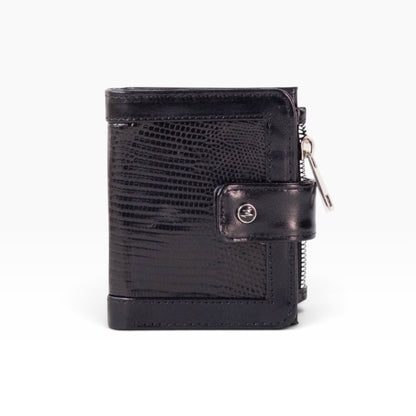 Cartera mosvartimx modelo Bolivia para dama en piel negra con textura exótica y cierre de broche metálico