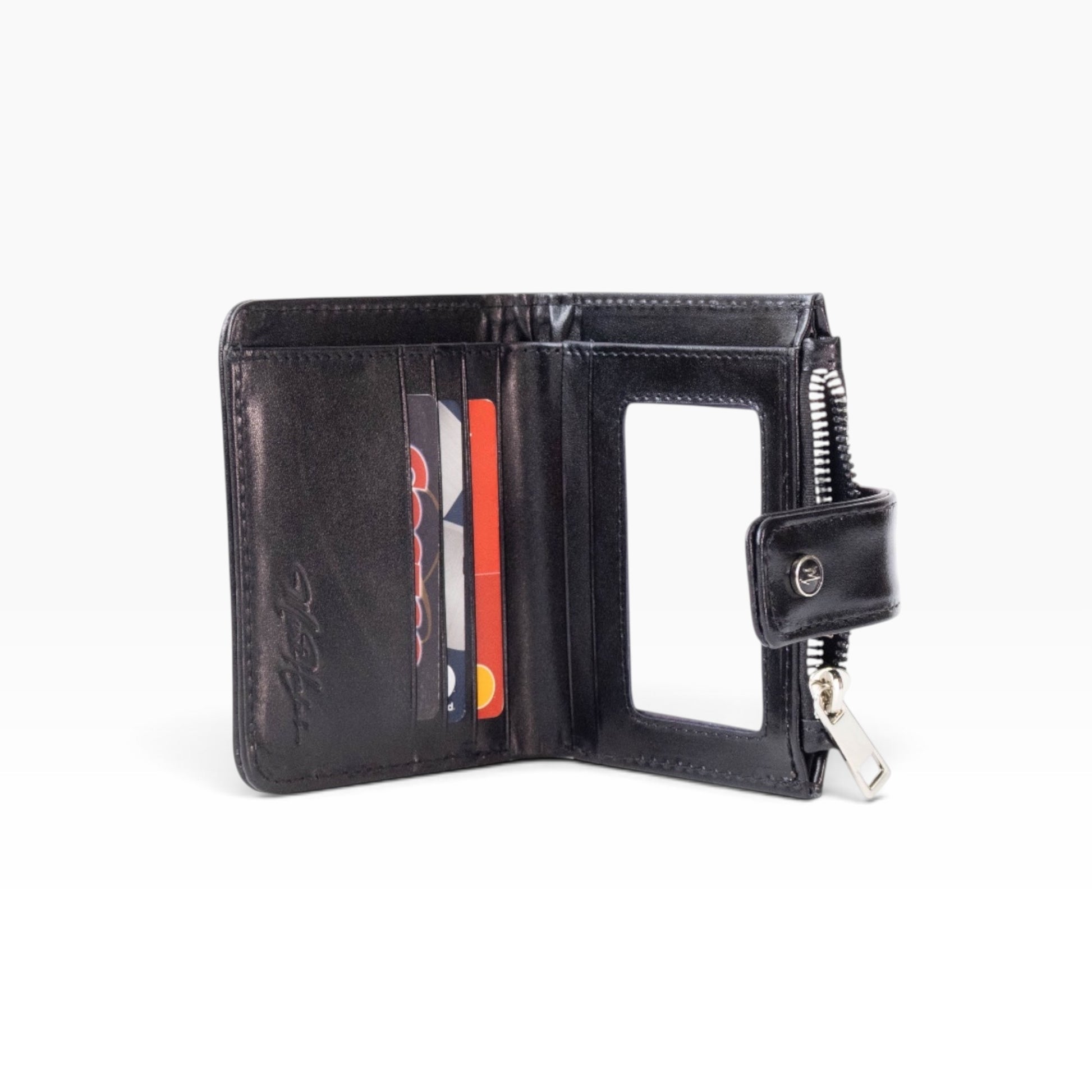 Cartera mosvartimx modelo Bolivia de piel negra para dama con tarjetero, ventana para identificación y cierre lateral