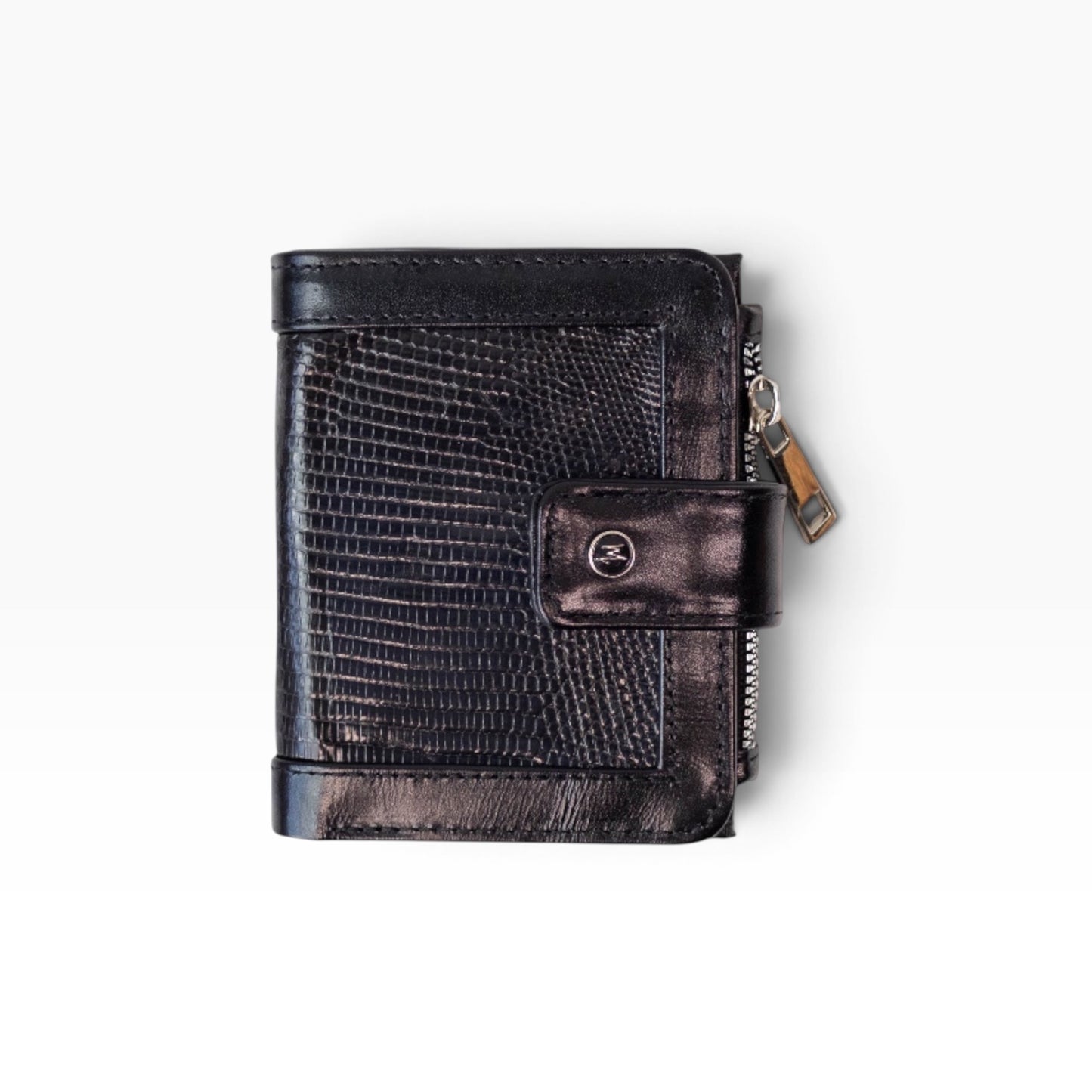 Cartera mosvartimx modelo Bolivia para dama en piel bovina negra con textura exótica y broche metálico