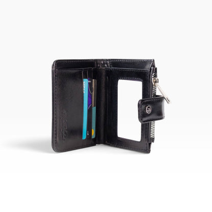 Cartera mosvartimx modelo Bolivia de piel bovina negra con tarjetero, ventana para identificación y cierre de broche.