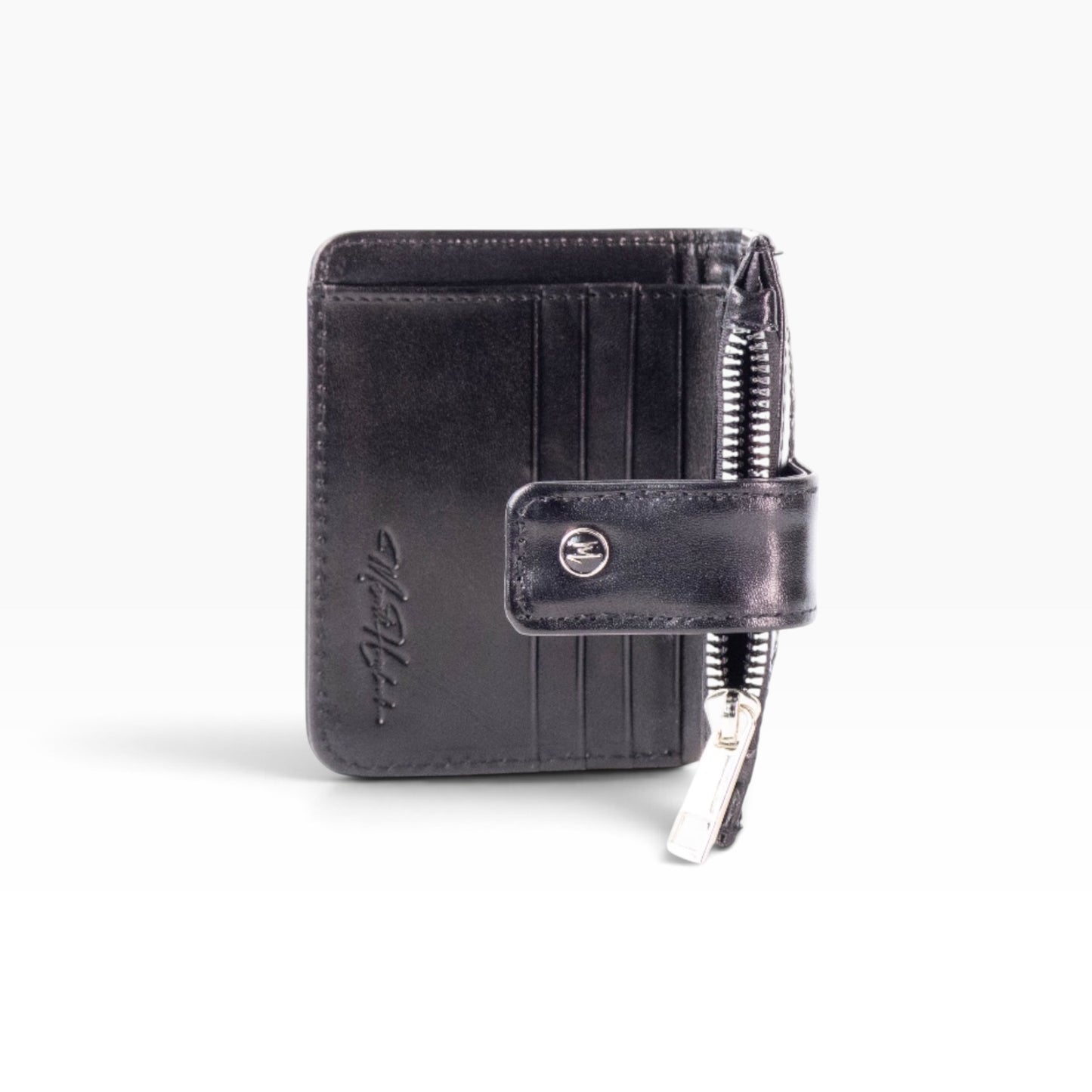 Cartera mosvartimx modelo Bolivia de piel bovina negra con tarjetero, cierre metálico y broche de seguridad