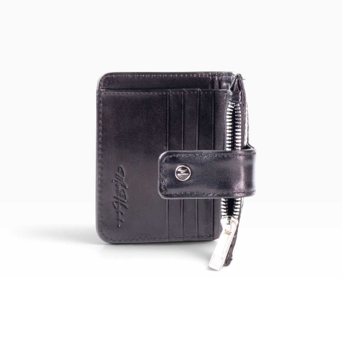 Cartera mosvartimx modelo Bolivia de piel bovina negra con tarjetero, cierre metálico y broche de seguridad