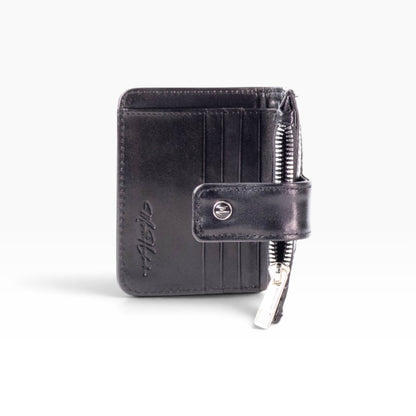 Cartera mosvartimx modelo Bolivia de piel bovina negra con tarjetero, cierre metálico y broche de seguridad