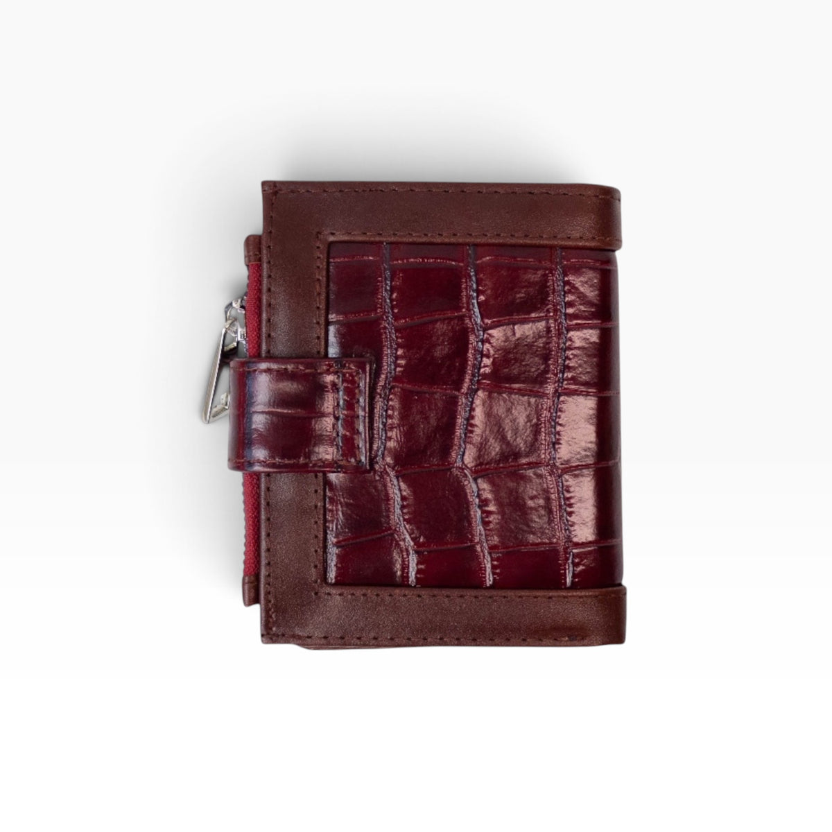 Cartera mosvartimx modelo Bolivia para dama en piel bovina roja con grabado de cocodrilo y cierre de broche