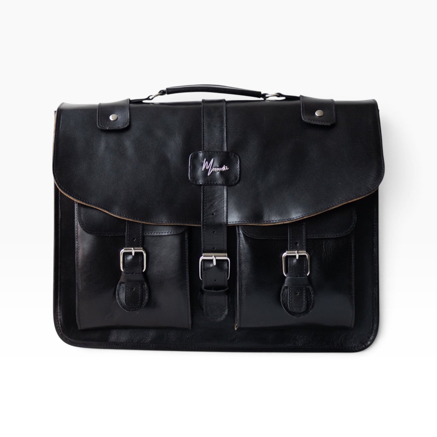 Portafolio messenger mosvartimx de cuero negro con hebillas metálicas, diseño ejecutivo artesanal y correa ajustable.