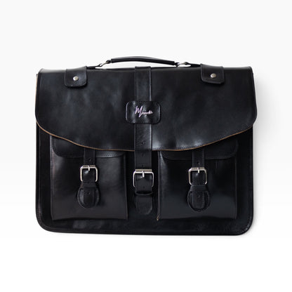Portafolio messenger mosvartimx de cuero negro con hebillas metálicas, diseño ejecutivo artesanal y correa ajustable.