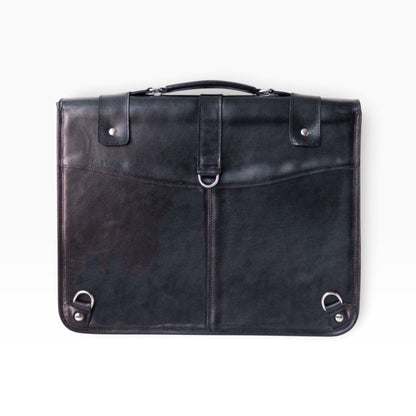 Portafolio ejecutivo mosvartimx tipo messenger en cuero negro genuino con herrajes metálicos y diseño artesanal