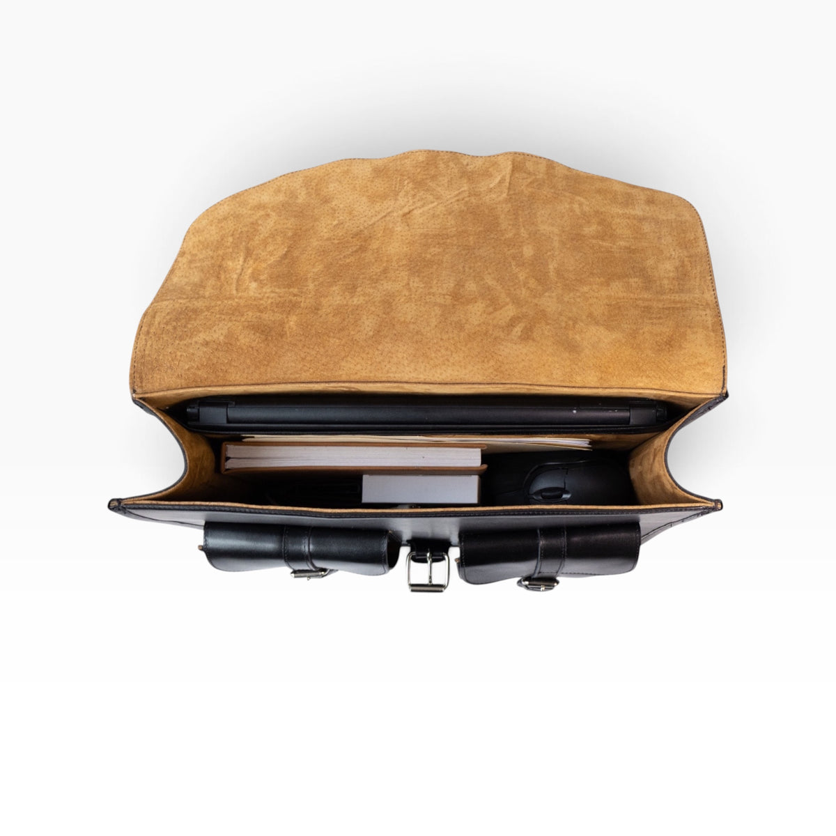 Portafolio messenger mosvartimx de cuero negro con interior espacioso para laptop y documentos, vista superior abierta.