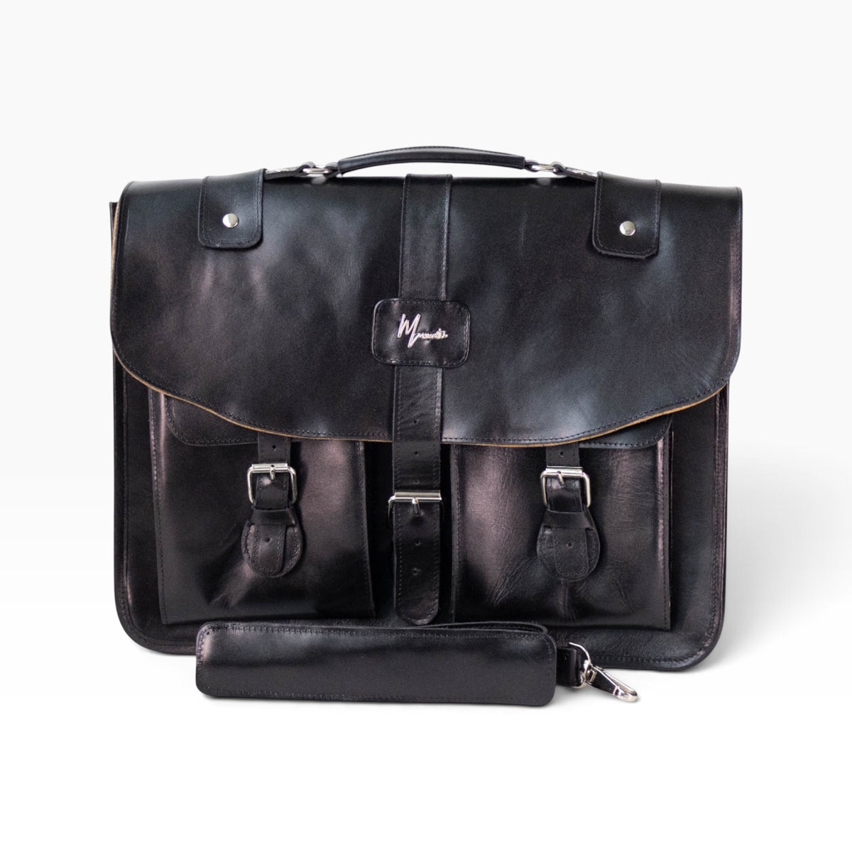 Portafolio messenger mosvartimx de cuero negro genuino con hebillas metálicas, correa ajustable y diseño ejecutivo.