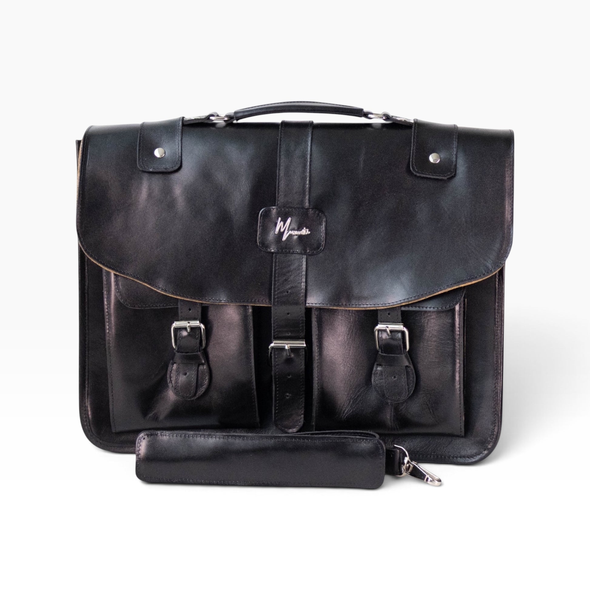 Portafolio messenger mosvartimx de cuero negro genuino con hebillas metálicas, correa ajustable y diseño ejecutivo.