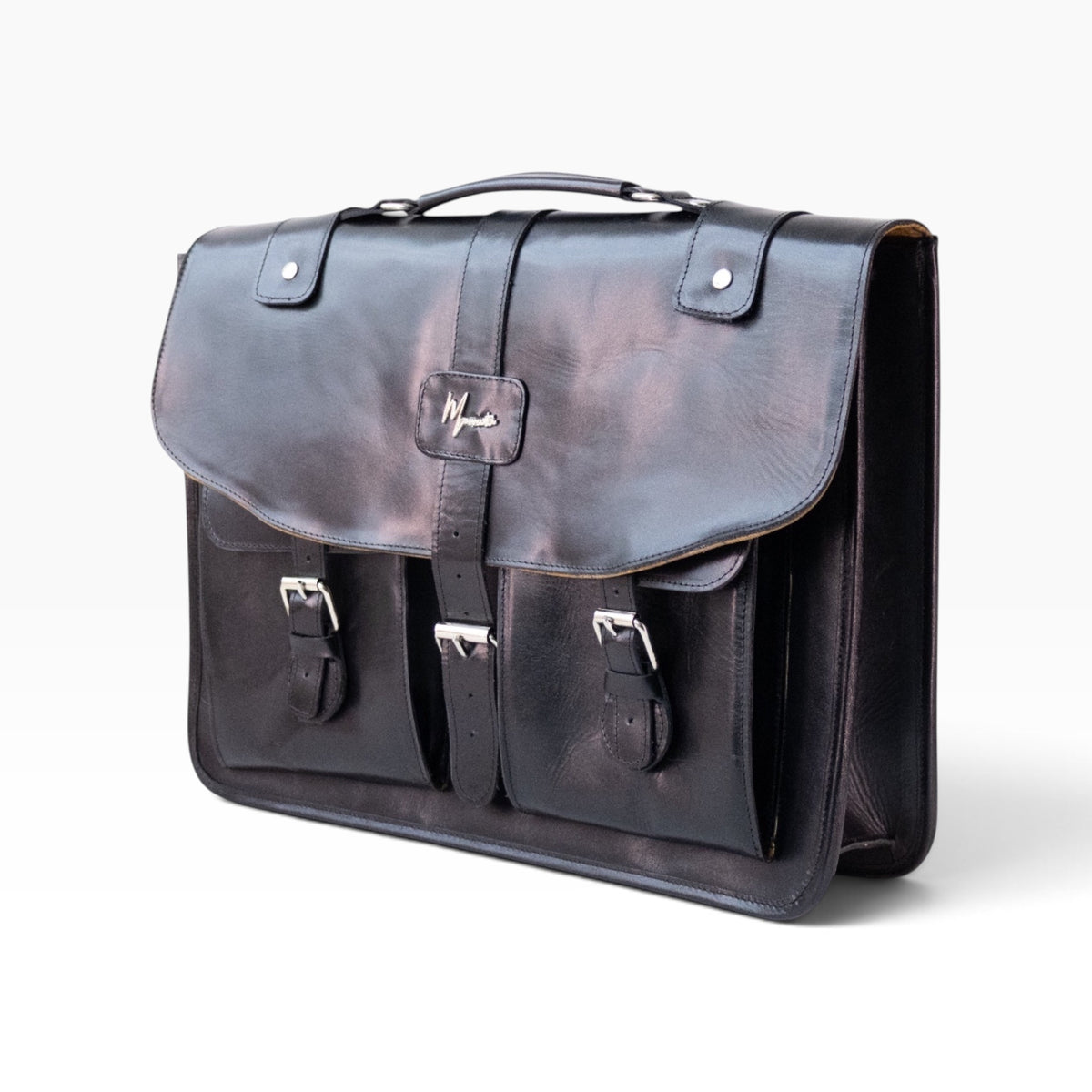 Portafolio messenger mosvartimx de cuero negro genuino con hebillas metálicas y diseño ejecutivo artesanal