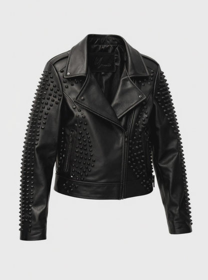 Chamarra Dama Tipo Rocker de Piel de Ovino con Detalles Artesanales de Estoperoles