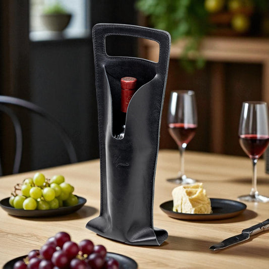 Bolsa de vino de cuero Porta botella piel 100% Mod. (Cabernet) Pull up Negro