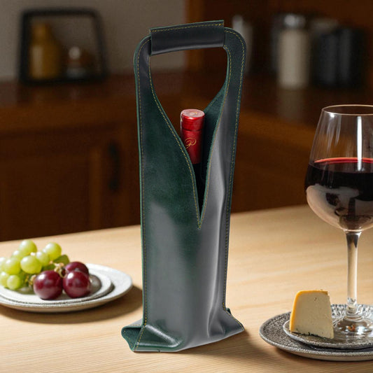 Bolsa de vino de cuero Porta botella piel 100% Mod. (Merlot) verde Esmeralda