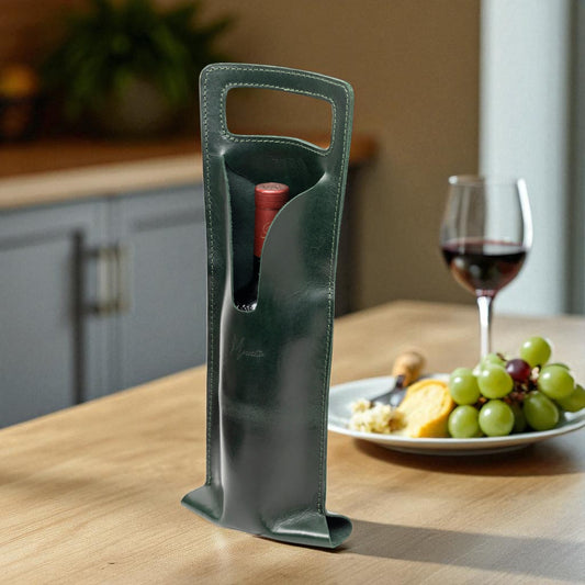 Bolsa de vino de cuero Porta botella piel 100% Mod. (Cabernet) verde Esmeralda