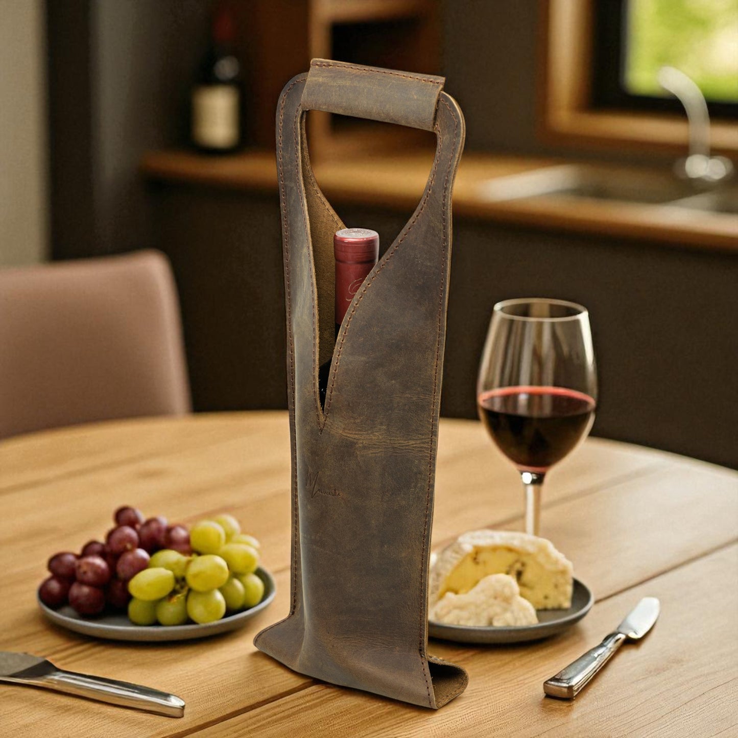 Bolsa de vino de cuero Porta botella piel 100% Mod. (Merlot) Crazy Tang