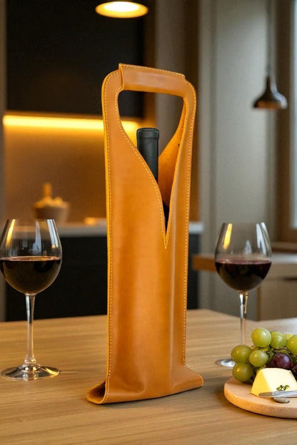 Bolsa de vino de cuero Porta botella piel 100% Mod. (Merlot) Pull up Miel