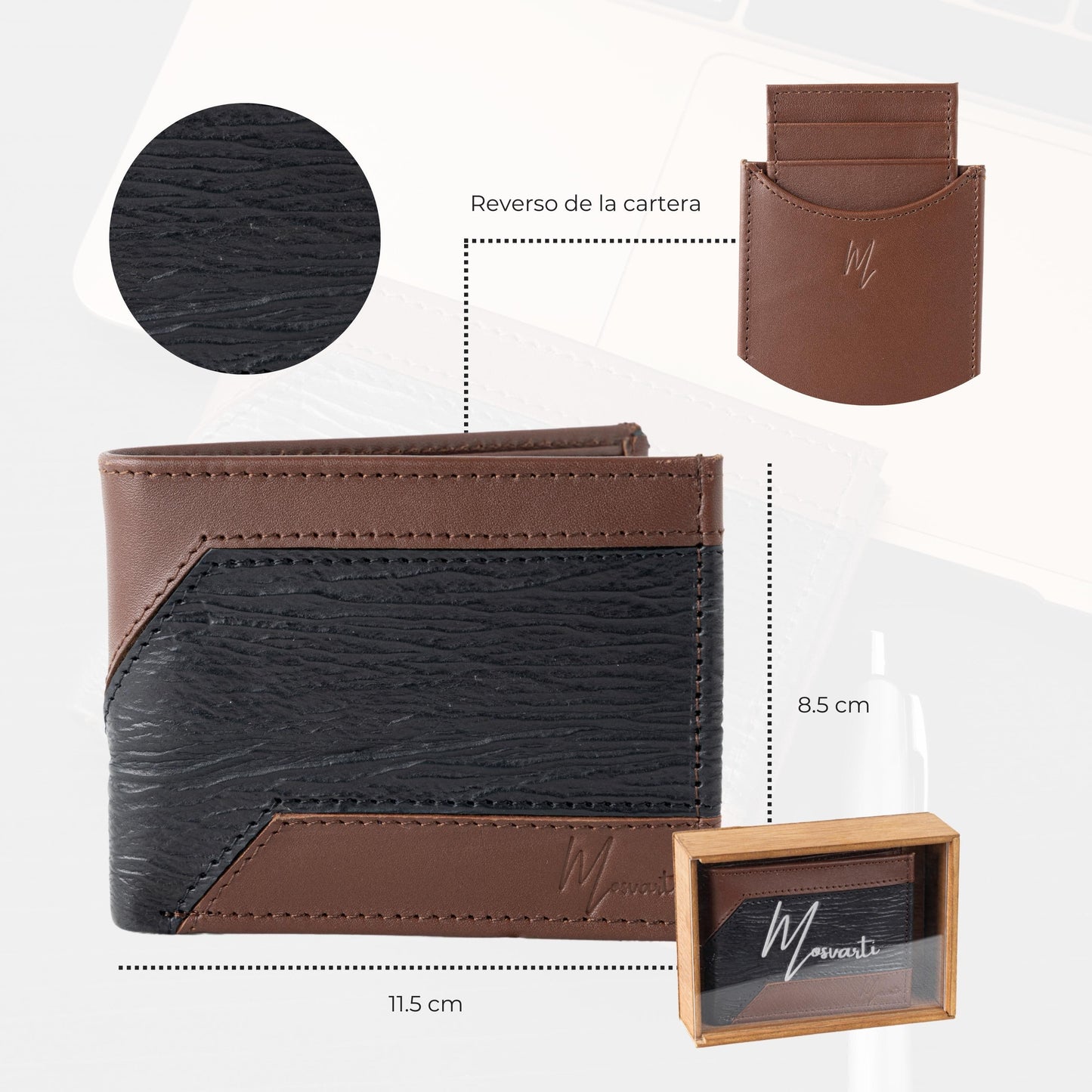 MOSVARTI Billeteras y clips para billetes Cartera caballero Leather exotic Genuine Mod. Zafari CAFÉ/TIBURON NEGRO