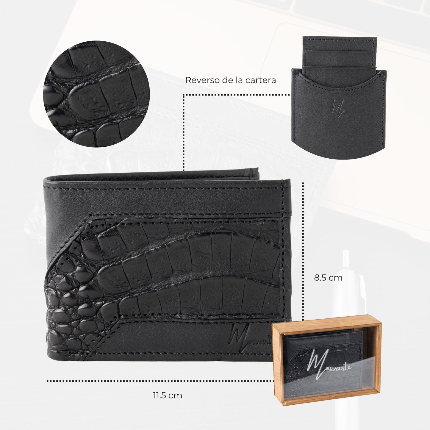 MOSVARTI Billeteras y clips para billetes Cartera caballero Leather exotic Genuine Mod. Zafari Negro/Cocodrilo