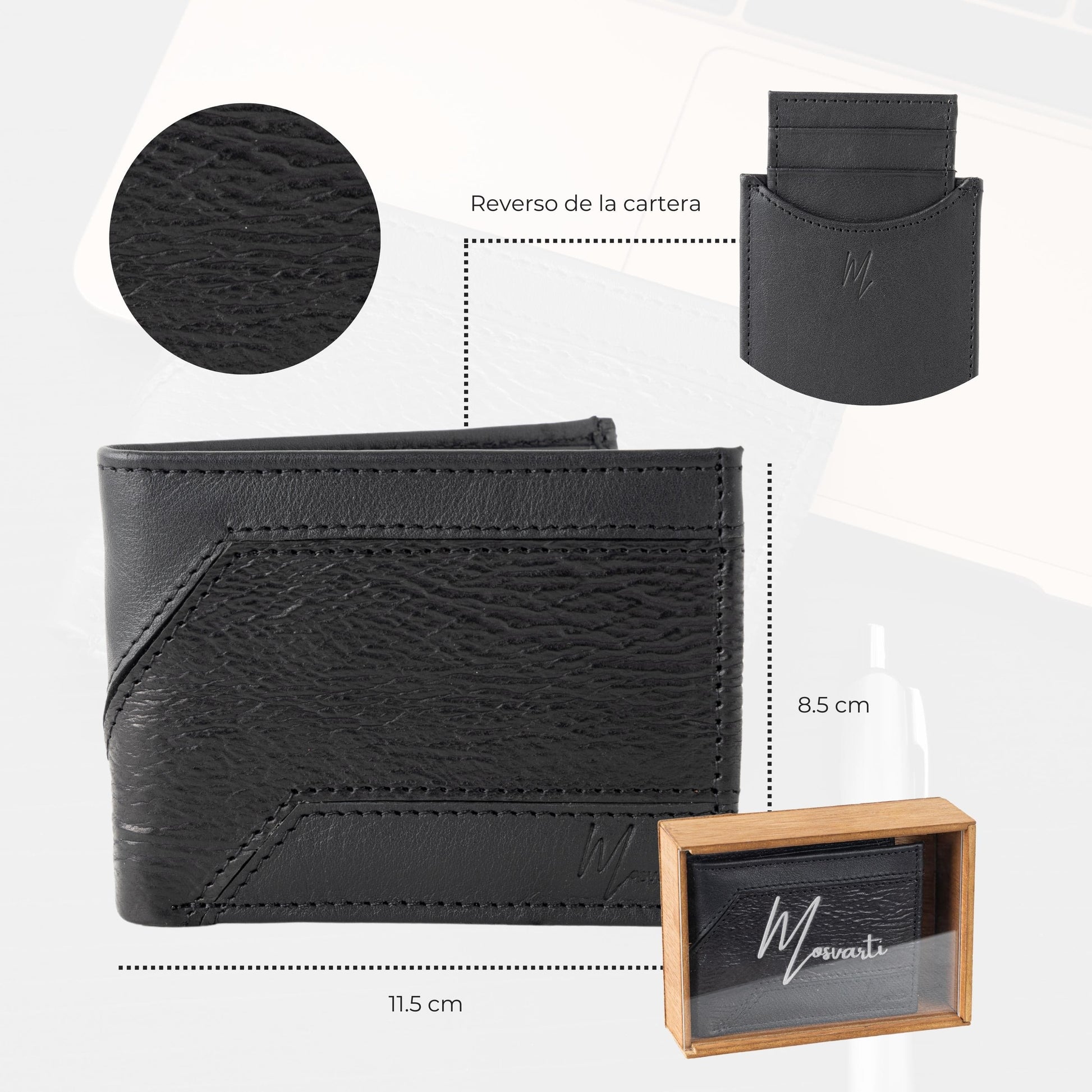 MOSVARTI Billeteras y clips para billetes Cartera caballero Leather exotic Genuine Mod. Zafari NEGRO/TIBURON NEGRO