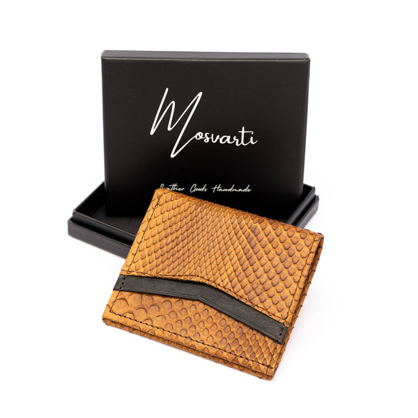 Cartera vertical de cuero con piel exótica y tecnología RFID Mod Azteca (Pitón Miel)