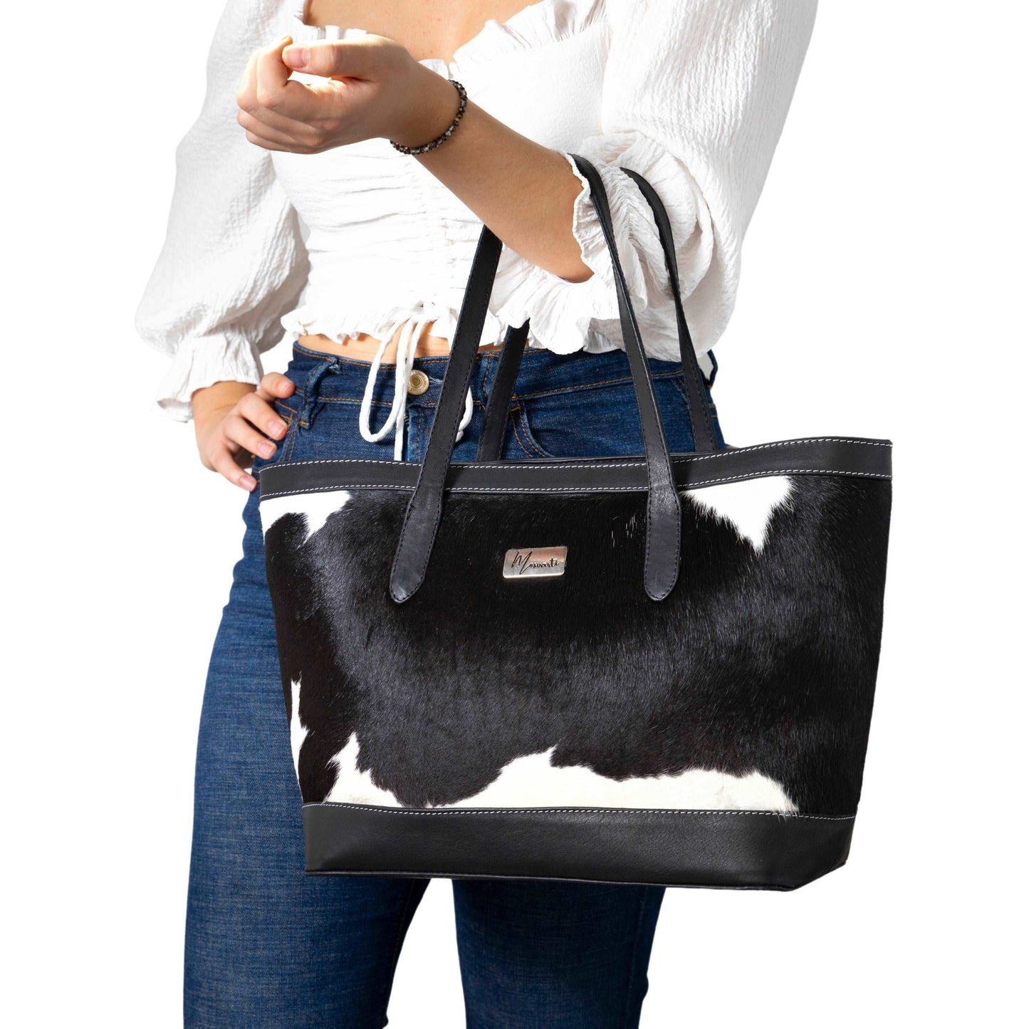 MOSVARTI Bolsa Dama Bovino Elegante y Moderna Mod. Madisson (Negro/Blanco)